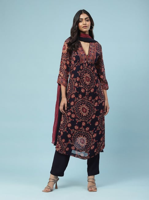 Buy aarke Ritu Kumar Navy Floral Kurta With Pant Dupatta for
