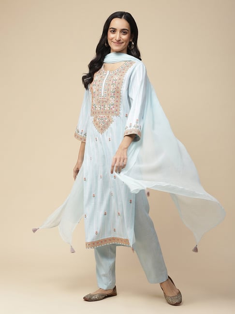 aarke Ritu Kumar Light Blue Embroidered Kurta With Pant & Dupatta