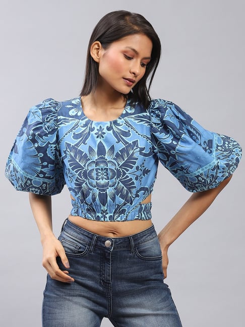 Label Ritu Kumar Blue Printed Crop Top Price in India