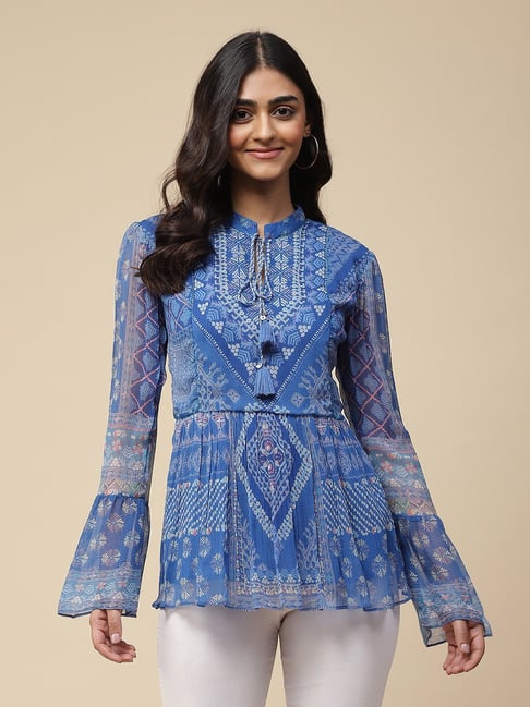 aarke Ritu Kumar Blue Geometric Print Top