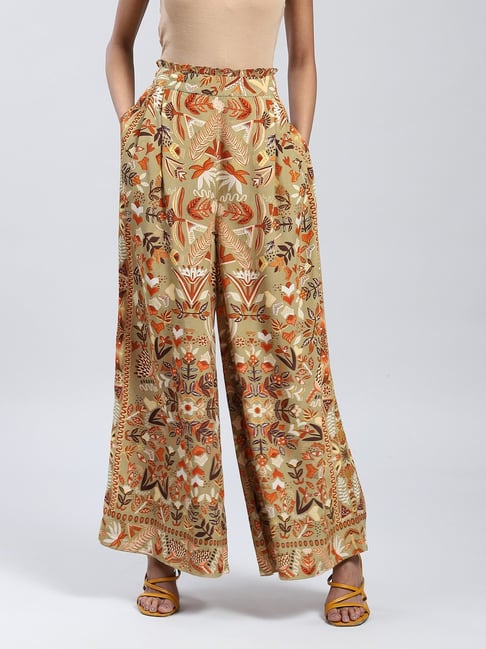 Label Ritu Kumar Khaki Floral Relaxed Fit Mid Rise Palazzos-picture-27