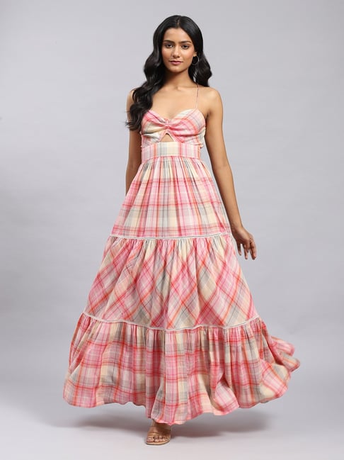 Label Ritu Kumar Pink Check Fit & Flare Dress Price in India