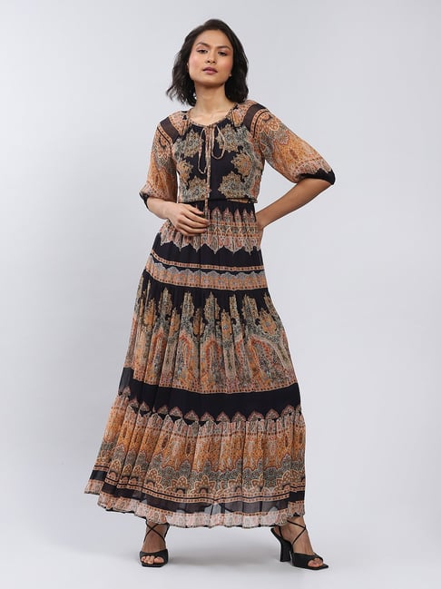 Label Ritu Kumar Black Printed Maxi Dress Price in India