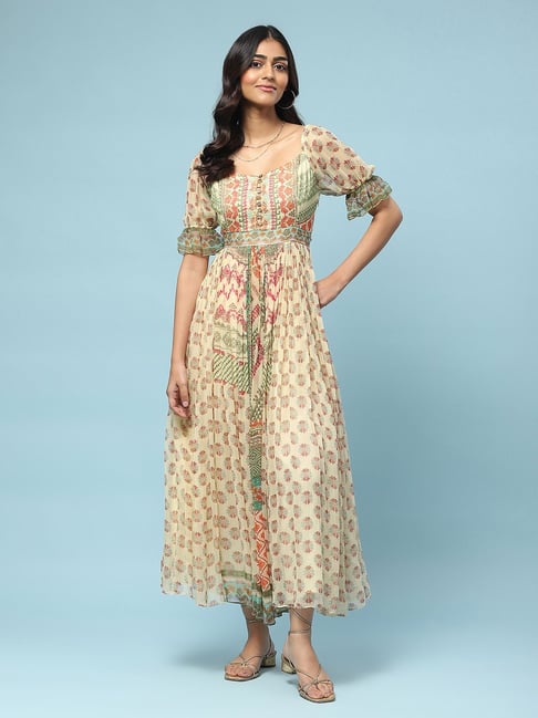 aarke Ritu Kumar Beige Printed Fit & Flare Dress With Camisole Price in India