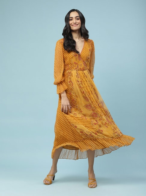 aarke Ritu Kumar Yellow Printed Maxi Dress Price in India