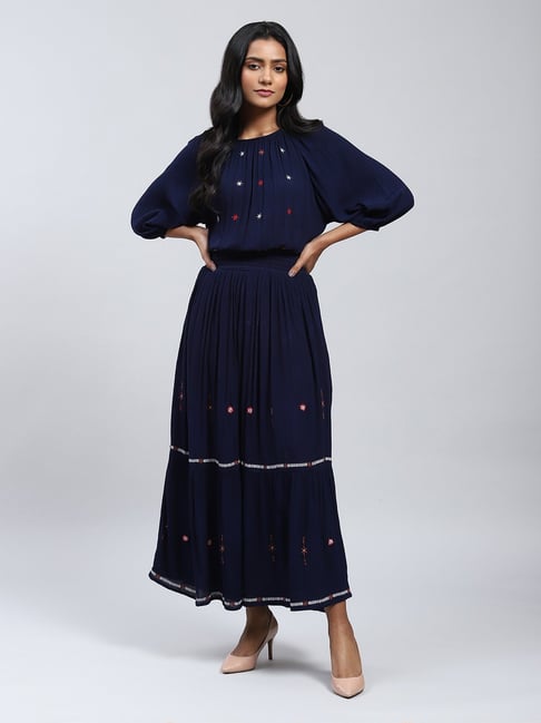 Label Ritu Kumar Navy Embroidered Fit & Flare Dress Price in India