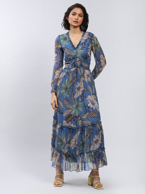 Buy Blue & Yellow Printed Maxi Dress Online - Label Ritu Kumar