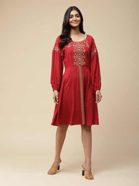 aarke Ritu Kumar Red Embroidered Midi Dress Price in India