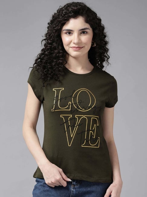 Cayman Olive Green Cotton Printed T-Shirt Price in India