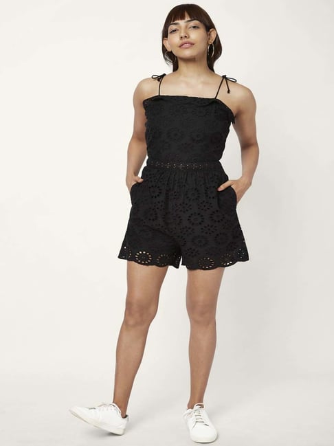 People by Pantaloons Black Cotton Self Pattern Jumpsuit-picture-29