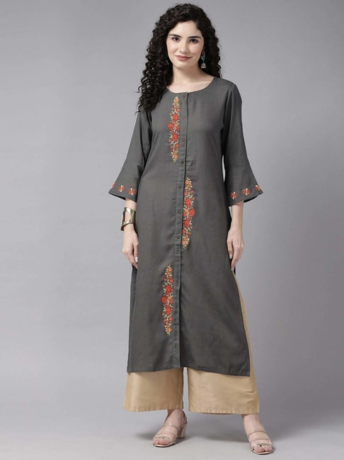Cayman Grey Cotton Embroidered Straight Kurta Price in India