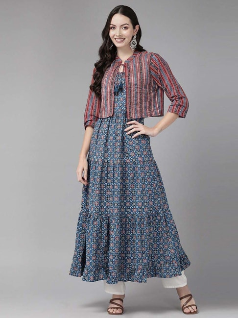 SaMan Collections - *Jacket Style Jaipuri Kurti Dresses Vol 4* Fabric: Kurti  -Rayon ,Jacket - Cotton Sleeves: Sleeves Are Attached Inside Size: M- 38  in, L - 40 in, XL - 42