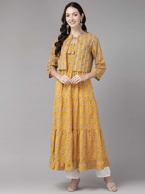 Indya Women's Georgette a-line Kurta (ITN01869_Yellow_X-Small) : Amazon.in:  Toys & Games