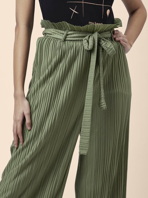 Green Textured Weave Striped Pants