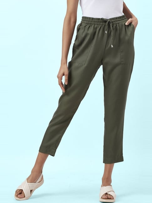 Buy Honey by Pantaloons Women Olive Green Regular Fit Solid Cropped Trousers  online  Looksgudin