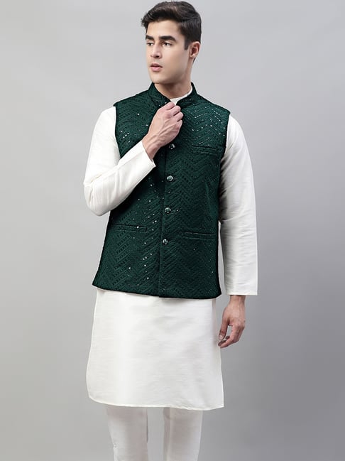 Jompers Olive Green Regular Fit Embroidered Nehru Jacket