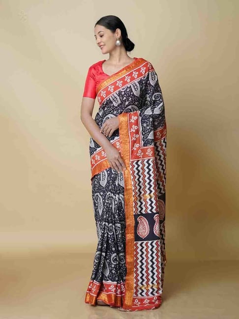 Unnati Silks Black Printed Saree With Blouse Price in India