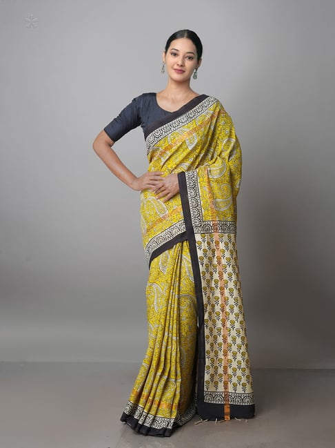 Unnati Silks Yellow Printed Saree With Blouse Price in India