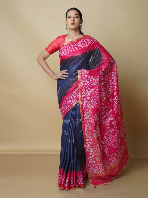 Unnati Silks Blue & Pink Printed Saree With Blouse Price in India