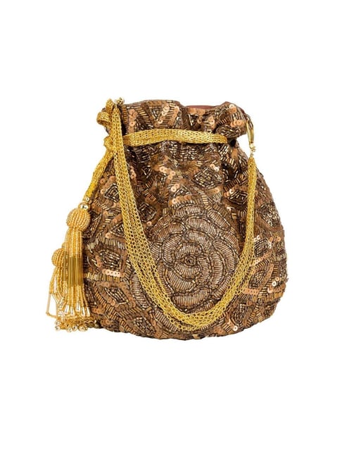 Buy Gold Embroidered Potli Bag by Aanchal Sayal Online at Aza Fashions.