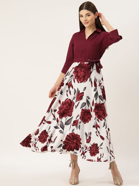 Deewa Wine & White Floral Print Gown