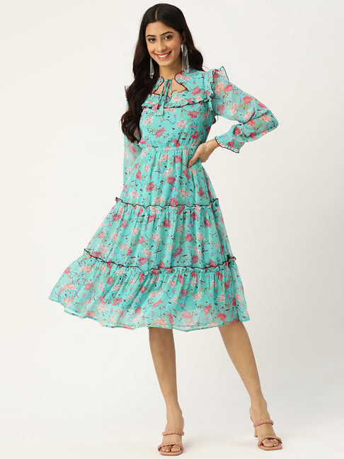 Deewa Turquoise Floral Print Fit & Flare Dress