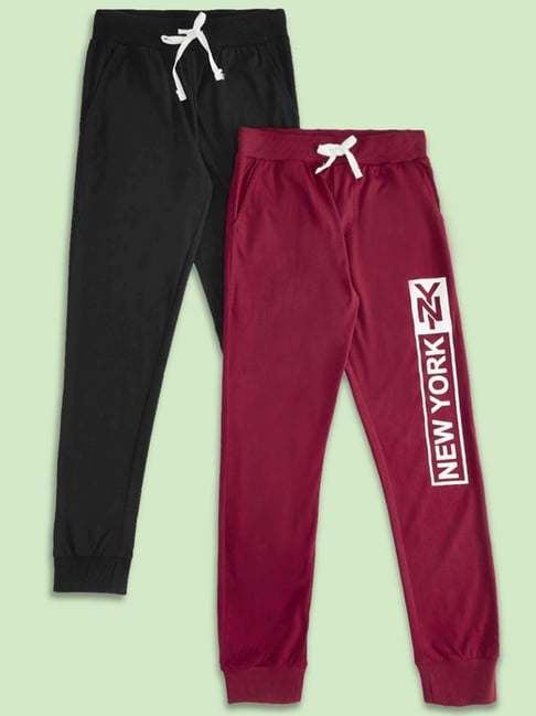 Pantaloons Junior Maroon Black Cotton Printed Trackpants