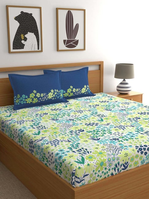 Home Ecstasy 140TC 100% Cotton Floral Blue Double Bedsheet with 2 Pillow Cover-picture-38