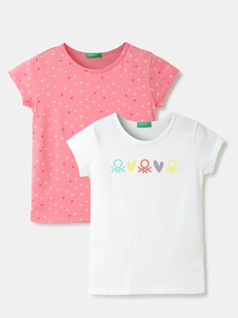 United Colors of Benetton Kids Pink & White Printed T-Shirt (Pack Of 2)