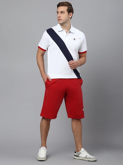 Red Bermuda Shorts with White Polo Shirt