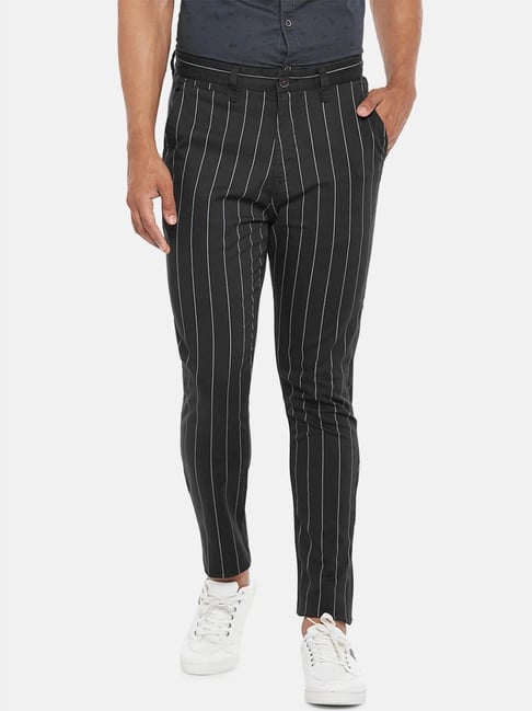 Hancock Men Dark Grey Striped Cotton Stretch Slim Fit Formal Trouser