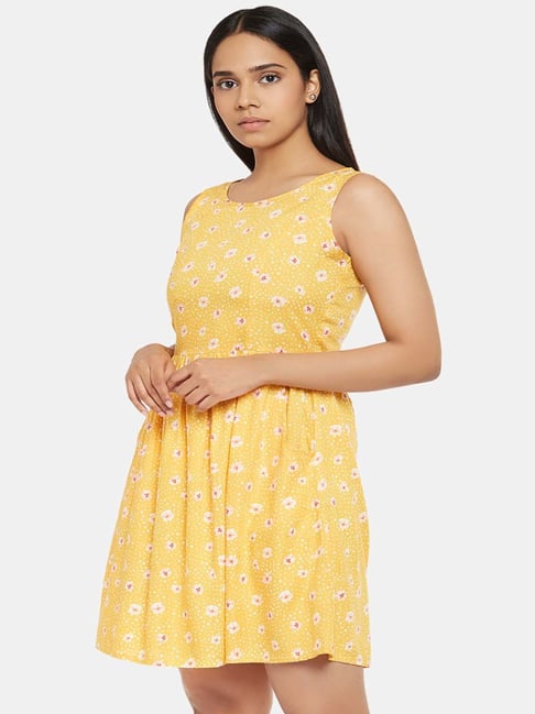 People by Pantaloons Mustard Printed Skater Dress