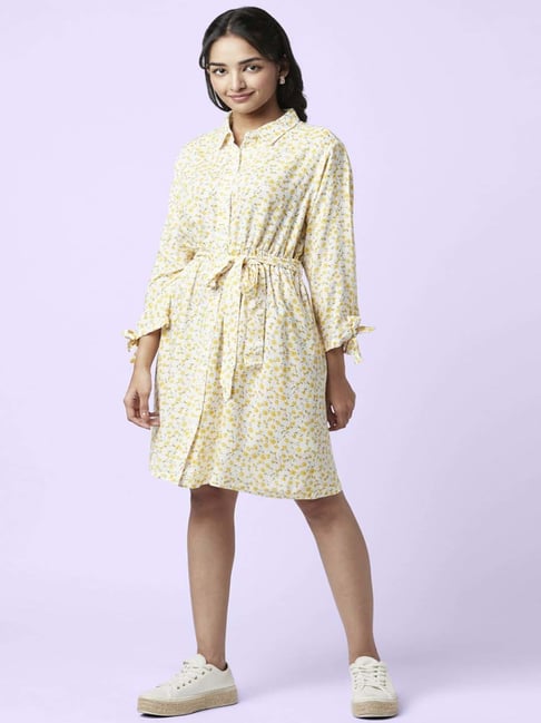YU by Pantaloons Off-White Yellow Floral Print Shirt Dress