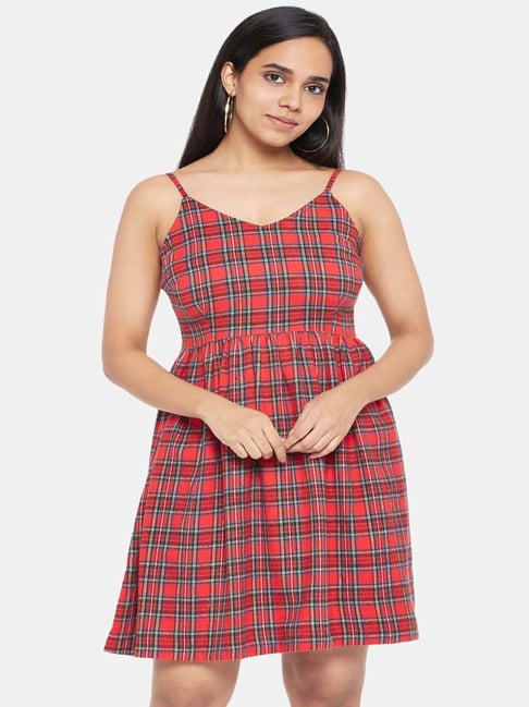 People by Pantaloons Red Cotton Chequered Skater Dress