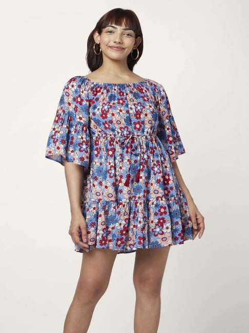 People by Pantaloons Blue Floral Print A-Line Dress-picture-46