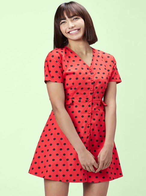 People by Pantaloons Red Cotton Polka Dots Shirt Dress