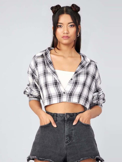 chimpaaanzee Chimpanzee White & Black Chequered Cropped Shirt-picture-19