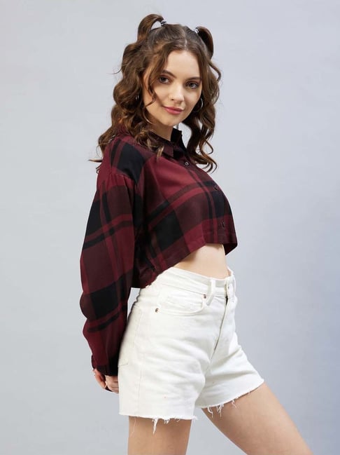 chimpaaanzee Chimpanzee Maroon & Black Chequered Cropped Shirt-picture-20