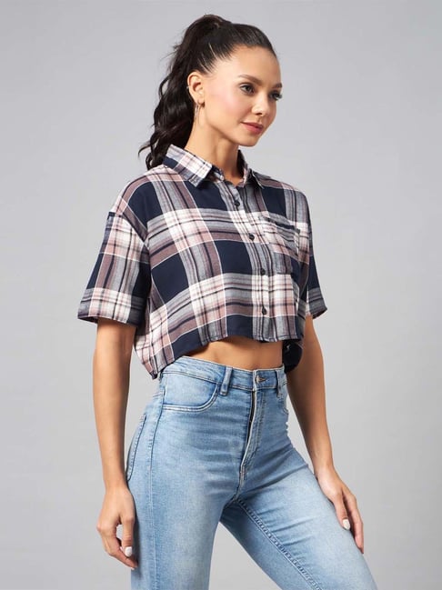 Buy Chimpanzee Navy & Pink Chequered Cropped Shirt for Women