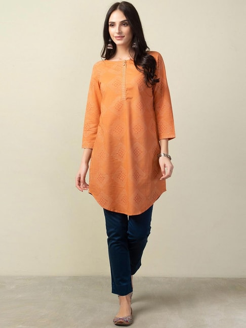 Fabindia Orange Cotton Printed Straight Kurti Price in India