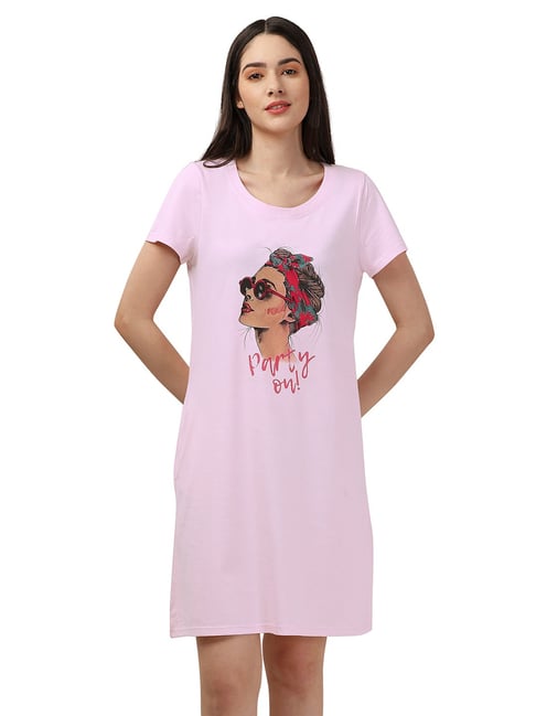 Buy Soie Pink Cotton Graphic Print Night Dress for Women Online - Main Image