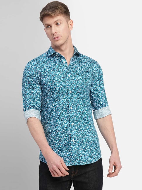 Jack & Jones Blue Cotton Slim Fit Printed Shirt