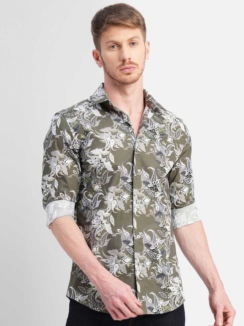 Jack & Jones Olive Green Cotton Slim Fit Printed Shirt