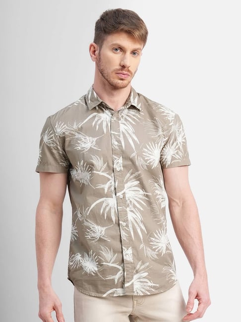 Jack & Jones Beige Cotton Slim Fit Printed Shirt