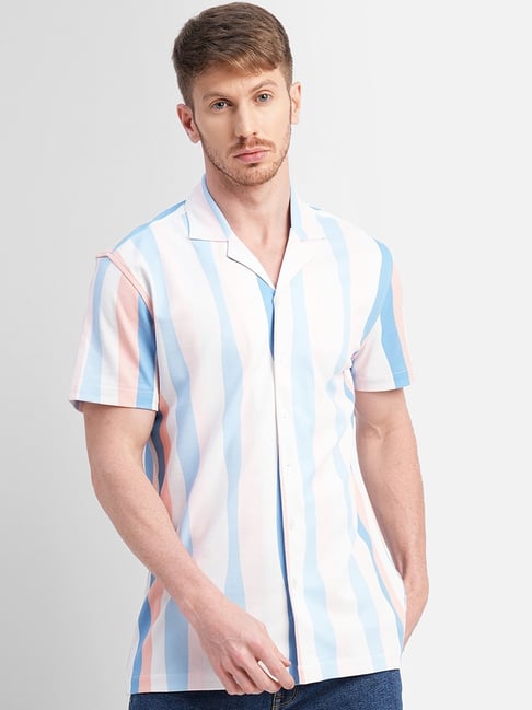 Jack & Jones White & Blue Cotton Slim Fit Striped Shirt