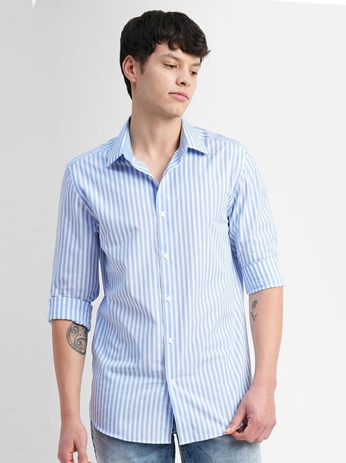 Jack & Jones White & Blue Cotton Slim Fit Striped Shirt