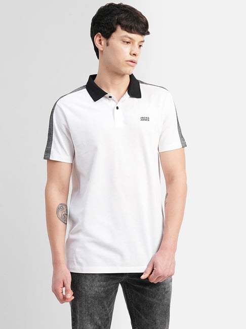 Jack & Jones White Cotton Slim Fit Striped Polo T-Shirt