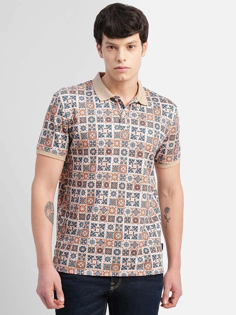 Jack & Jones Beige Slim Fit Printed Polo T-Shirt