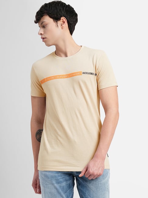 Jack & Jones Beige Cotton Slim Fit Printed T-Shirt