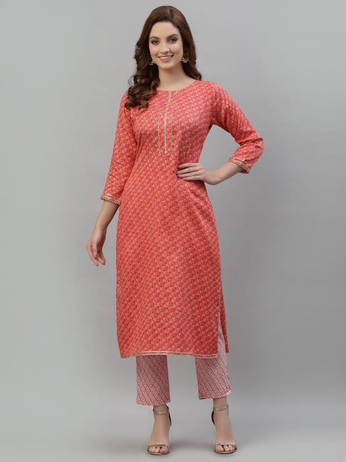 Tankhi Orange Cotton Printed Kurta Pant Set